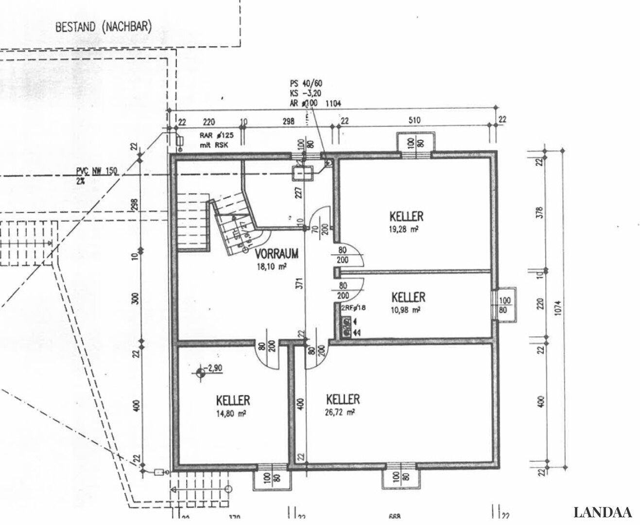 Grundriss des Kellergeschosses mit mehreren Kellerräumen und Vorraum.