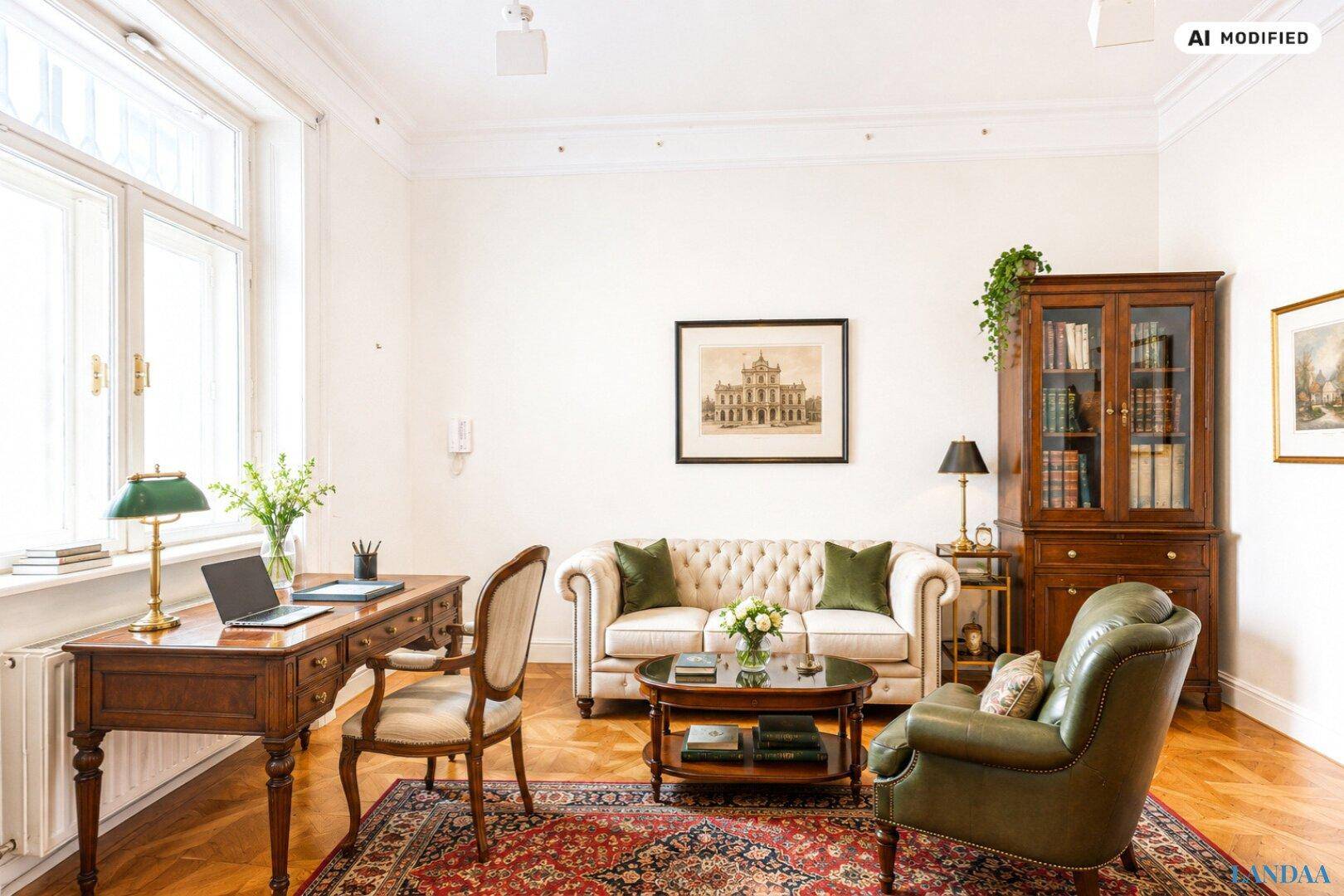 Stilvolles Wohnzimmer mit Parkettboden, Ledersessel und einem antiken Schreibtisch.