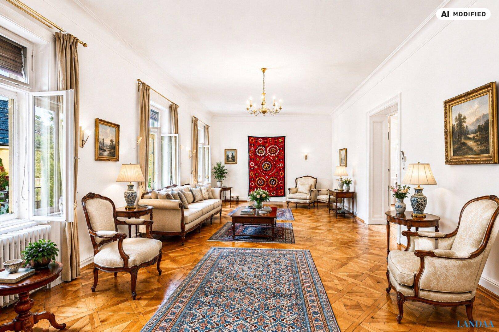 Großzügiges Wohnzimmer mit elegantem Parkettboden, mehreren Sitzbereichen und großen Fenstern.
