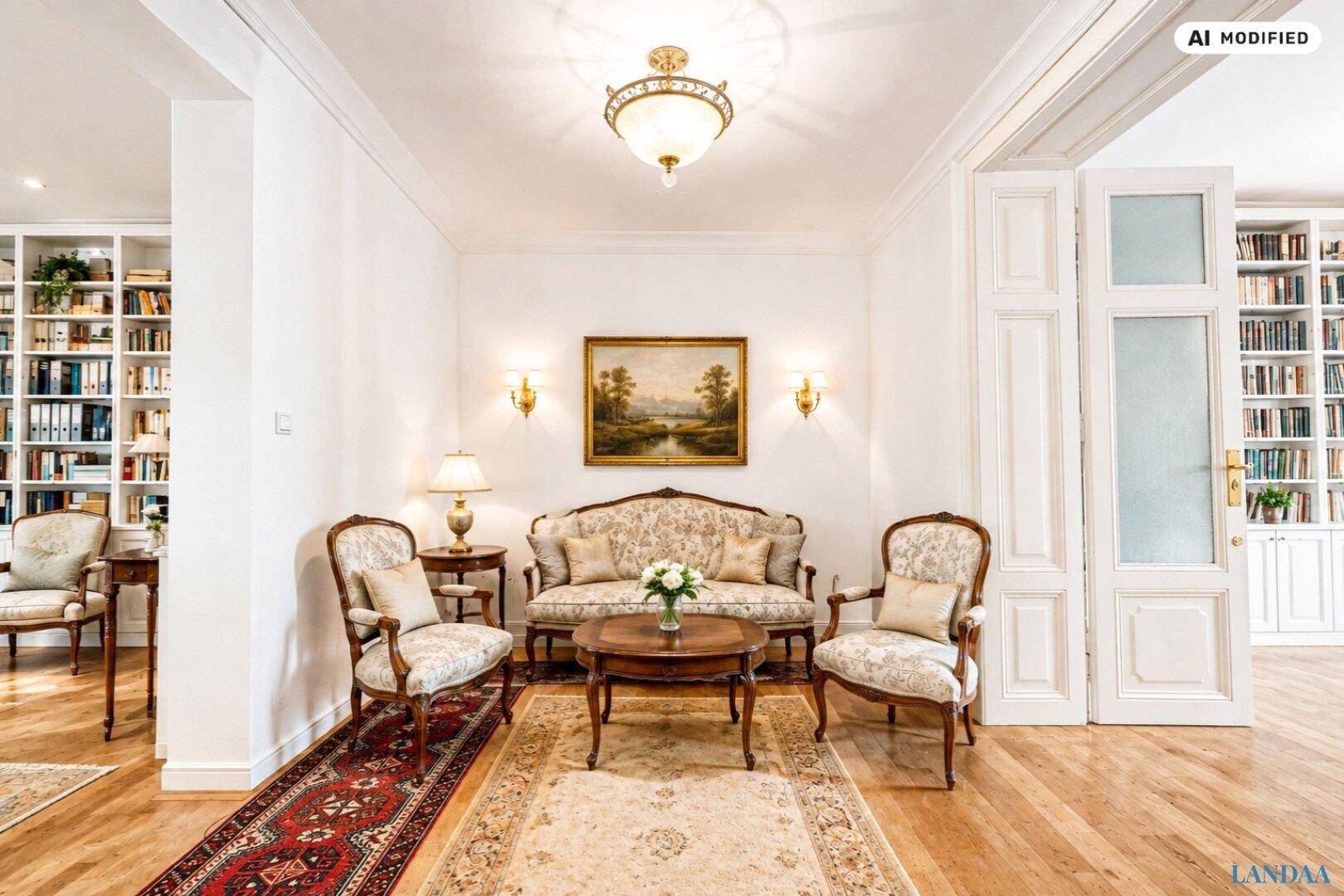 Elegantes Wohnzimmer mit klassischem Mobiliar, hohen Decken und Parkettboden, durch eine Doppeltür mit einer Bibliothek verbunden.