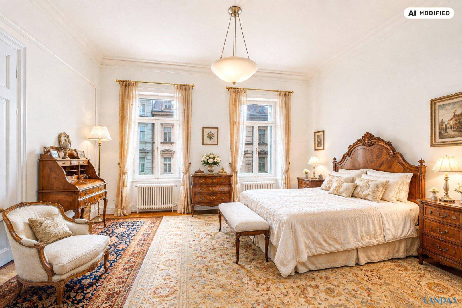Geräumiges Schlafzimmer mit klassischem Holzmobiliar, großen Fenstern und einem Teppich auf Parkettboden.