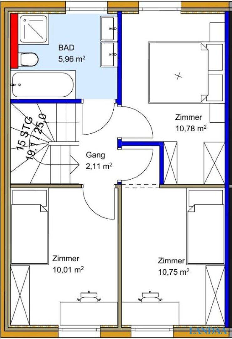 Grundriss des Obergeschosses mit drei Schlafzimmern, Bad und Flur.