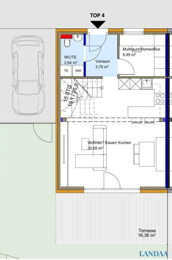 Grundriss des Erdgeschosses mit Wohn-, Ess- und Kochbereich sowie Terrasse.