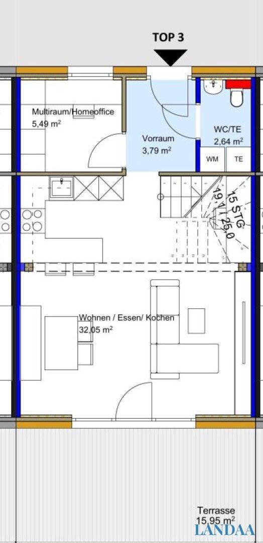 Grundriss des Erdgeschosses mit offenem Wohnbereich, Homeoffice und Terrasse.