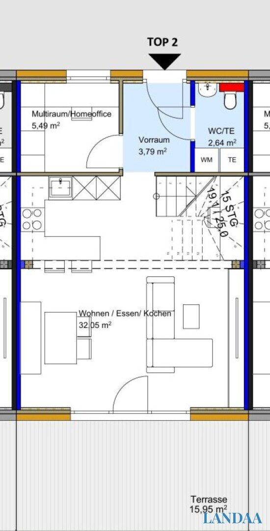 Grundriss für Top 2 mit offenem Wohn-/Ess-/Kochbereich, separatem WC und Terrasse.