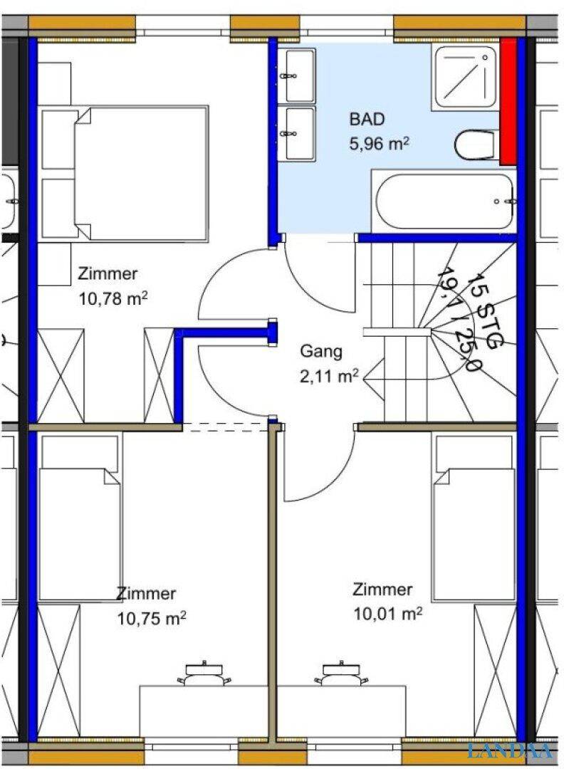 Grundriss mit drei Zimmern, einem Badezimmer und einem Flur im Obergeschoss.