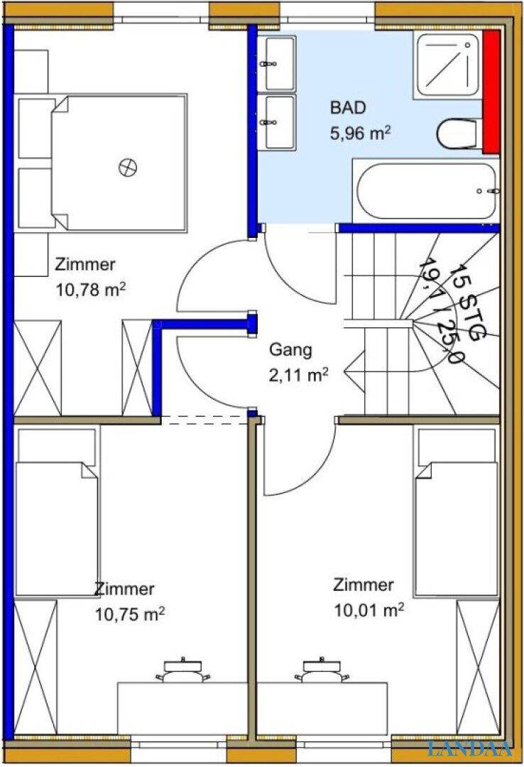Grundriss des Obergeschosses mit drei Schlafzimmern und einem Badezimmer.