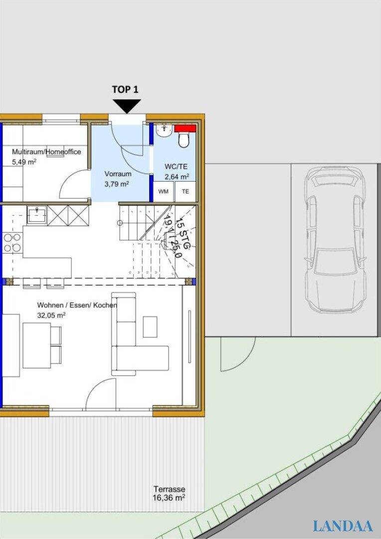 Grundriss des Erdgeschosses mit offenem Wohn-/Ess-/Kochbereich und Terrasse.