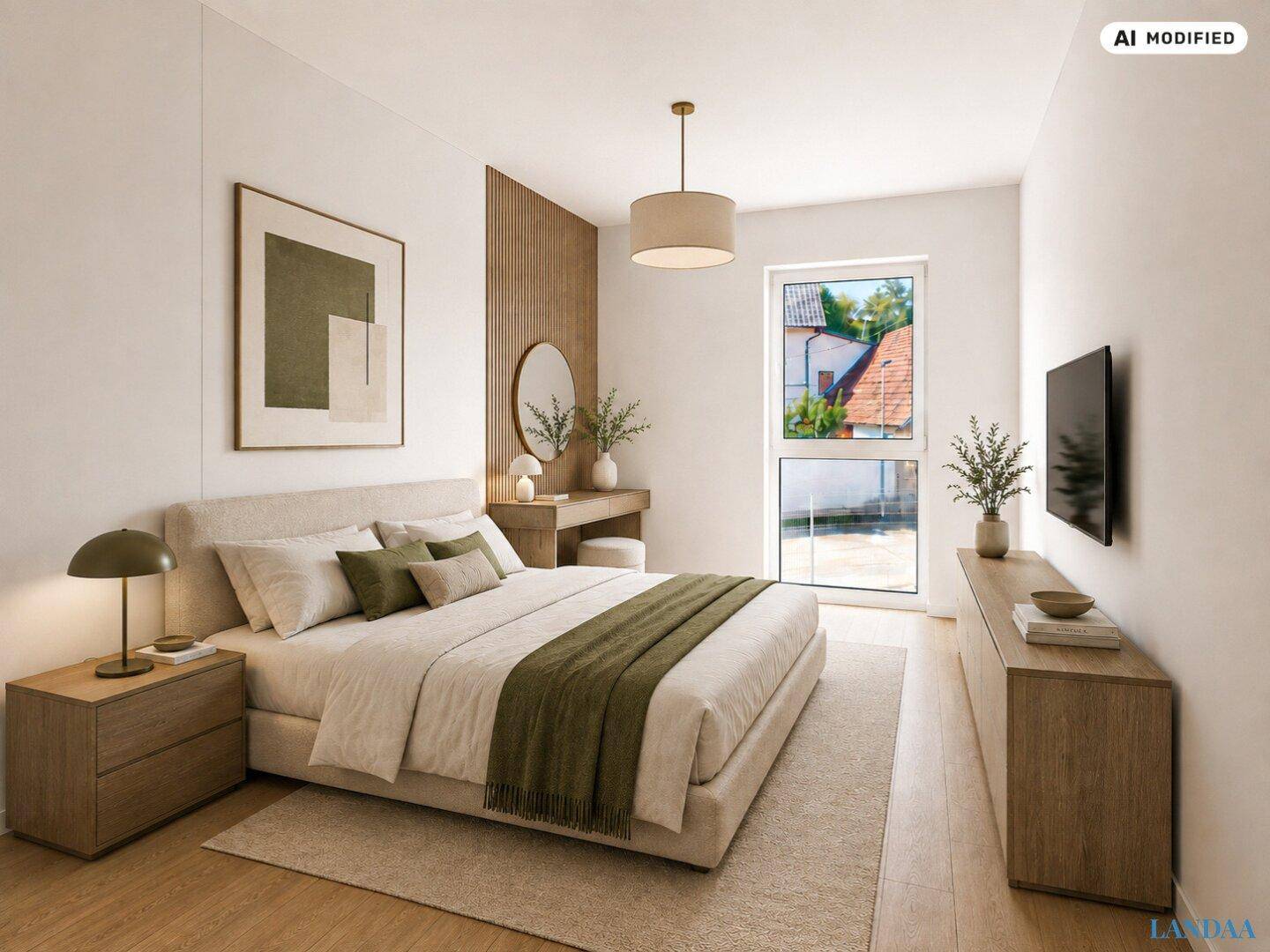 Helles Schlafzimmer mit Holzboden, modernem Bett und Blick auf die Nachbarschaft.