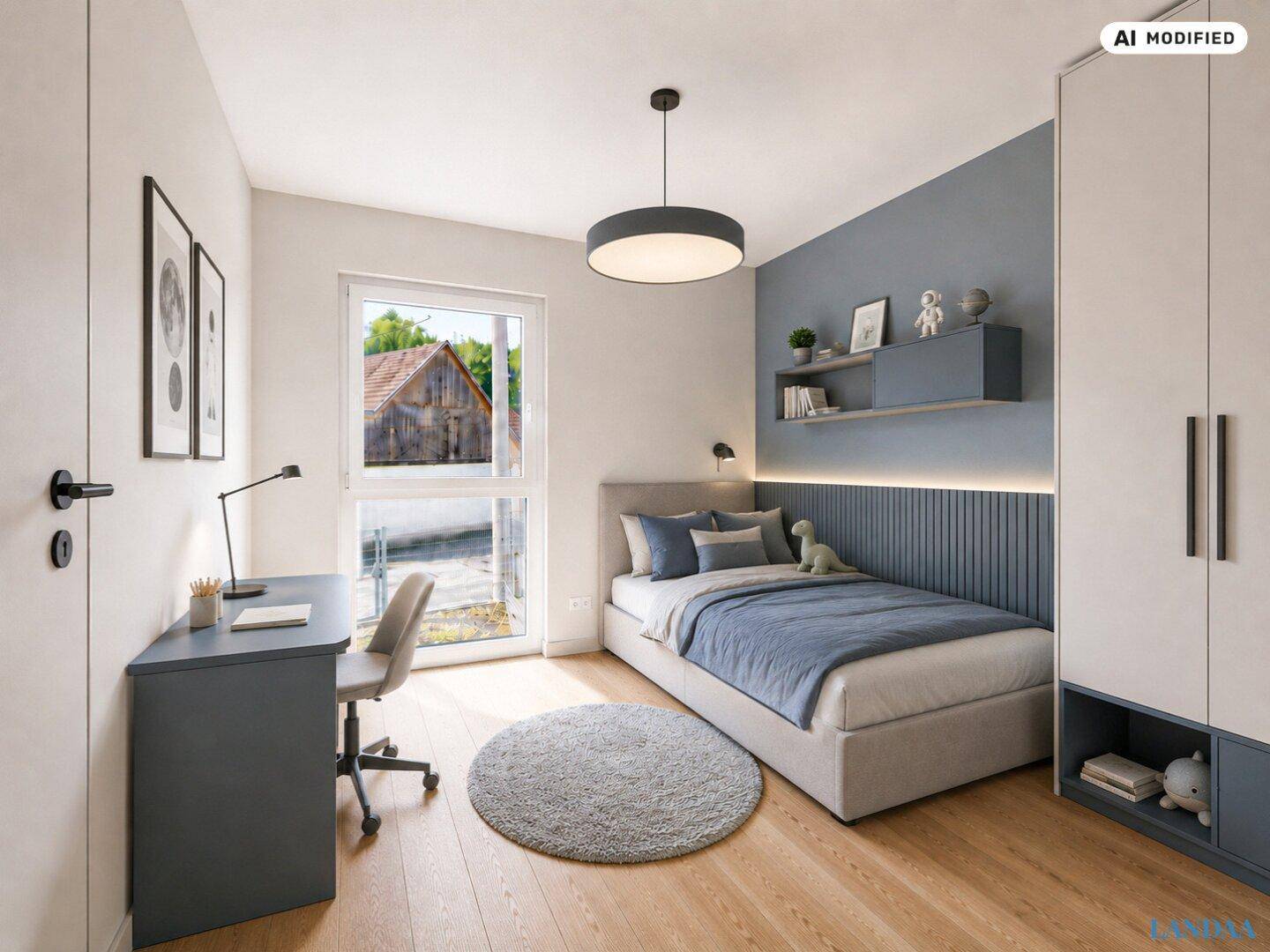 Kinderzimmer mit Holzboden, Einzelbett, Schreibtisch und blauer Akzentwand.