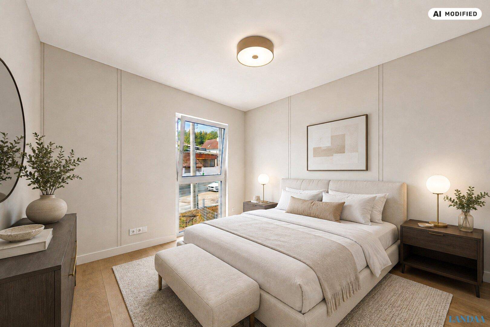Gemütliches Schlafzimmer mit Doppelbett, Holzboden und schlichter, moderner Einrichtung.