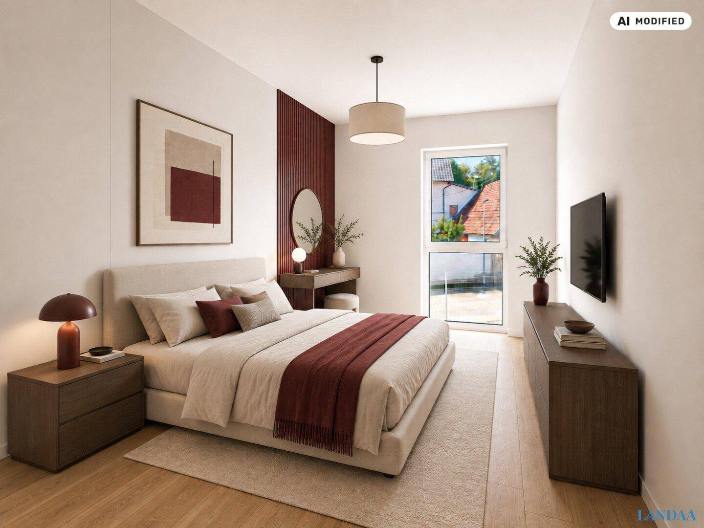 Stilvolles Schlafzimmer mit roter Akzentwand, Holzboden und großem Fenster für viel Tageslicht.