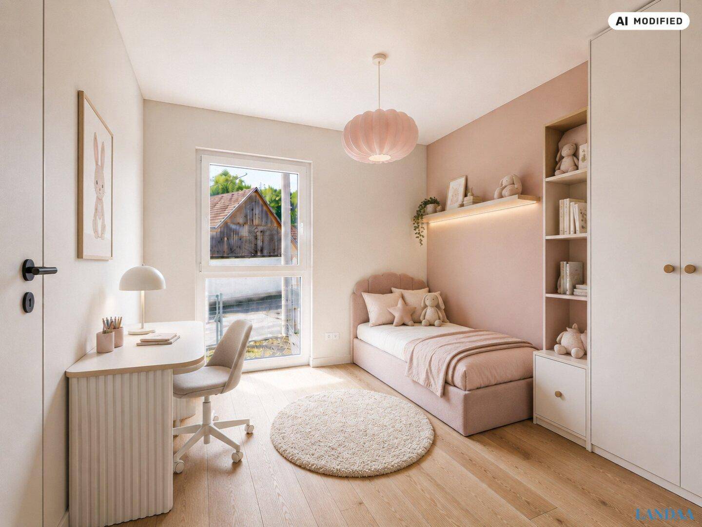 Freundliches Kinderzimmer mit rosa Akzentwand, Schreibtisch und hellem Holzboden.