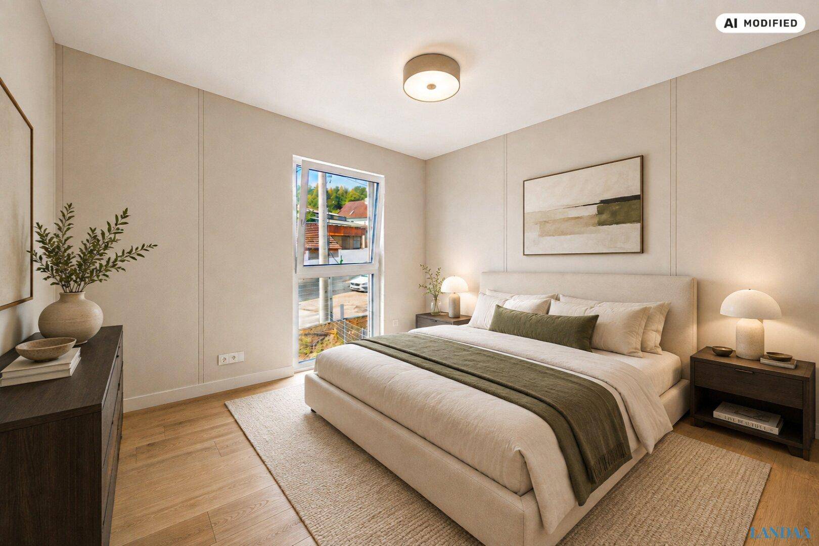 Modernes Schlafzimmer mit hellem Holzboden, großem Fenster und minimalistischer Einrichtung.