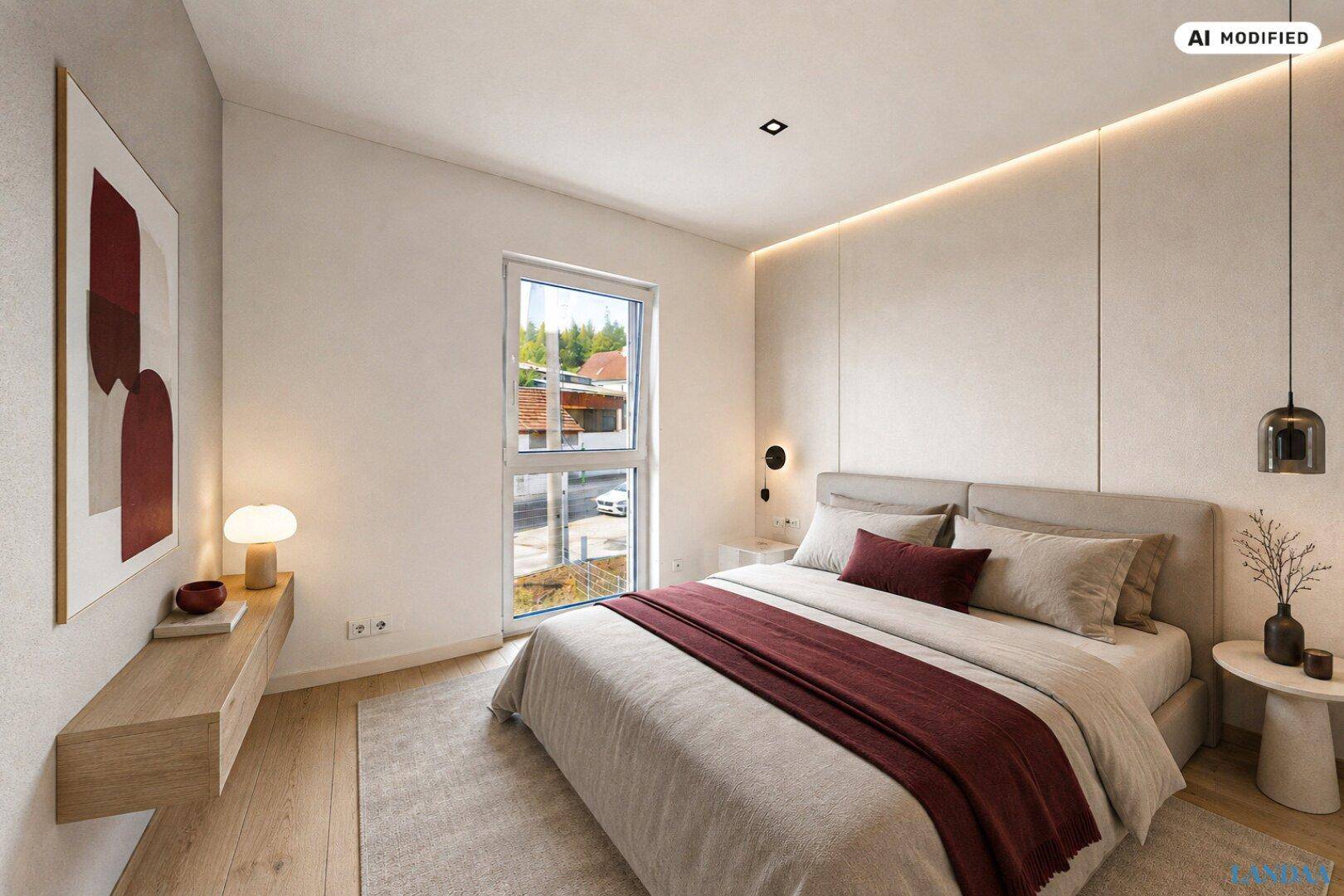 Modernes Schlafzimmer mit Doppelbett, indirekter Beleuchtung und Blick auf die Umgebung.