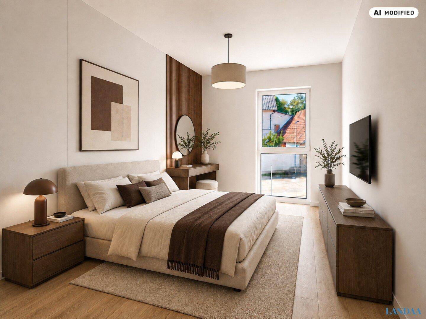Gemütliches Schlafzimmer mit Doppelbett, Schminktisch und Fernseher, hell und modern eingerichtet.