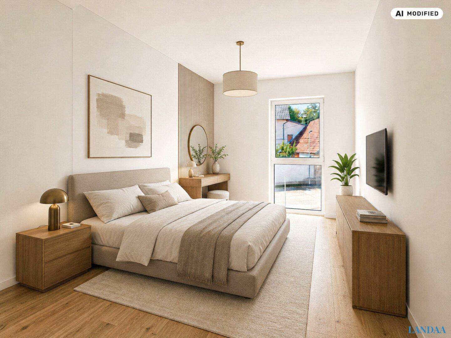 Elegantes Schlafzimmer mit Holzboden, Schminktisch und einem großen Fenster für viel Tageslicht.
