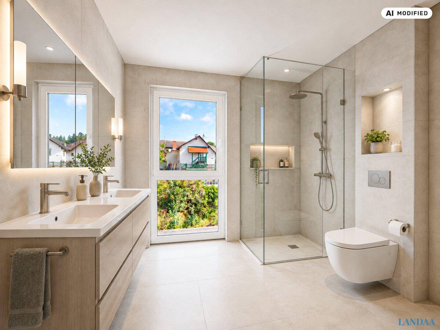 Modernes Badezimmer mit Doppelwaschbecken, großer Glasdusche und Fensterblick ins Grüne.