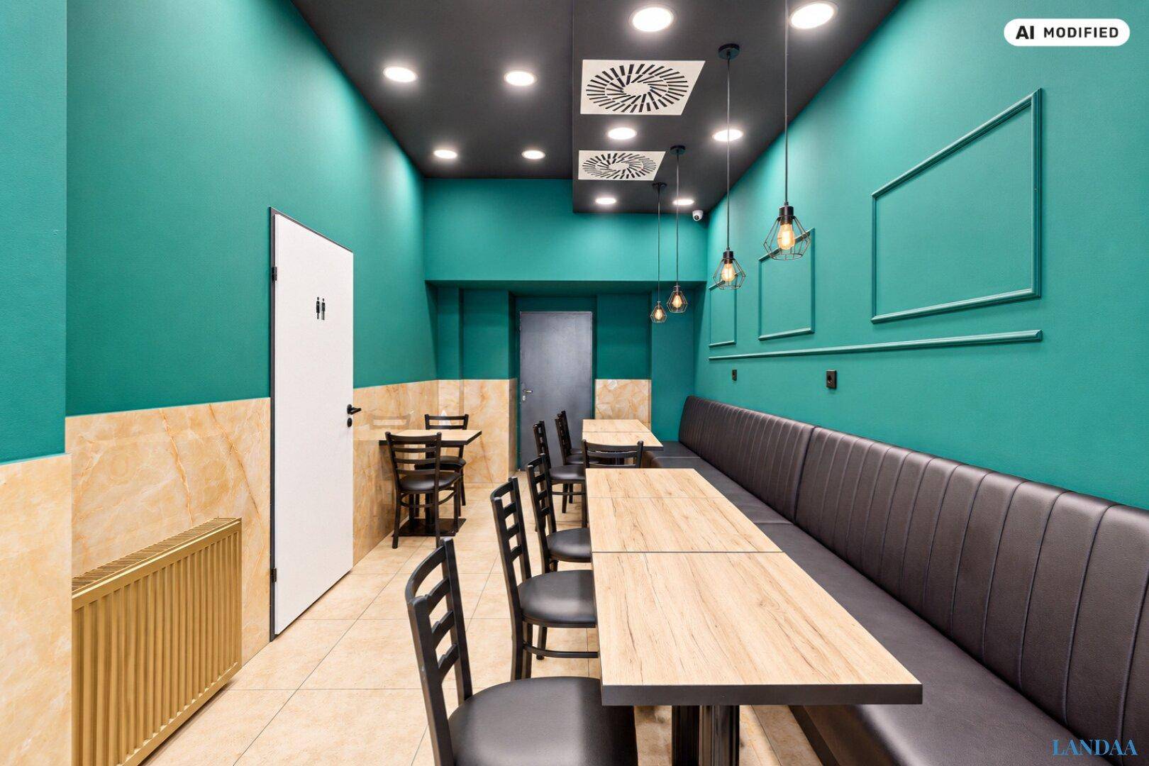 Gemütlicher Restaurantbereich mit Sitzbänken, Holztischen und einer Kombination aus türkisfarbenen und beigen Wänden.
