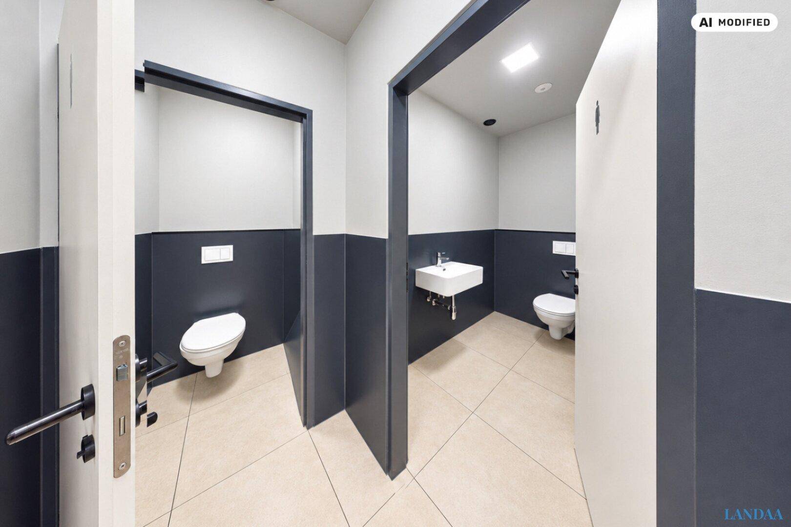 Moderne Toilettenräume mit weißen Wänden, dunklen Akzenten und hellen Fliesenböden.
