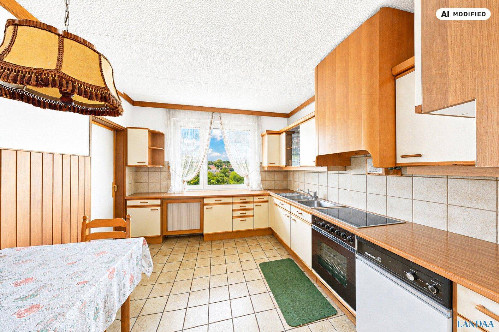 Traditionelle Küche mit Einbauschränken, Fliesenboden und einem Fenster mit grüner Aussicht.