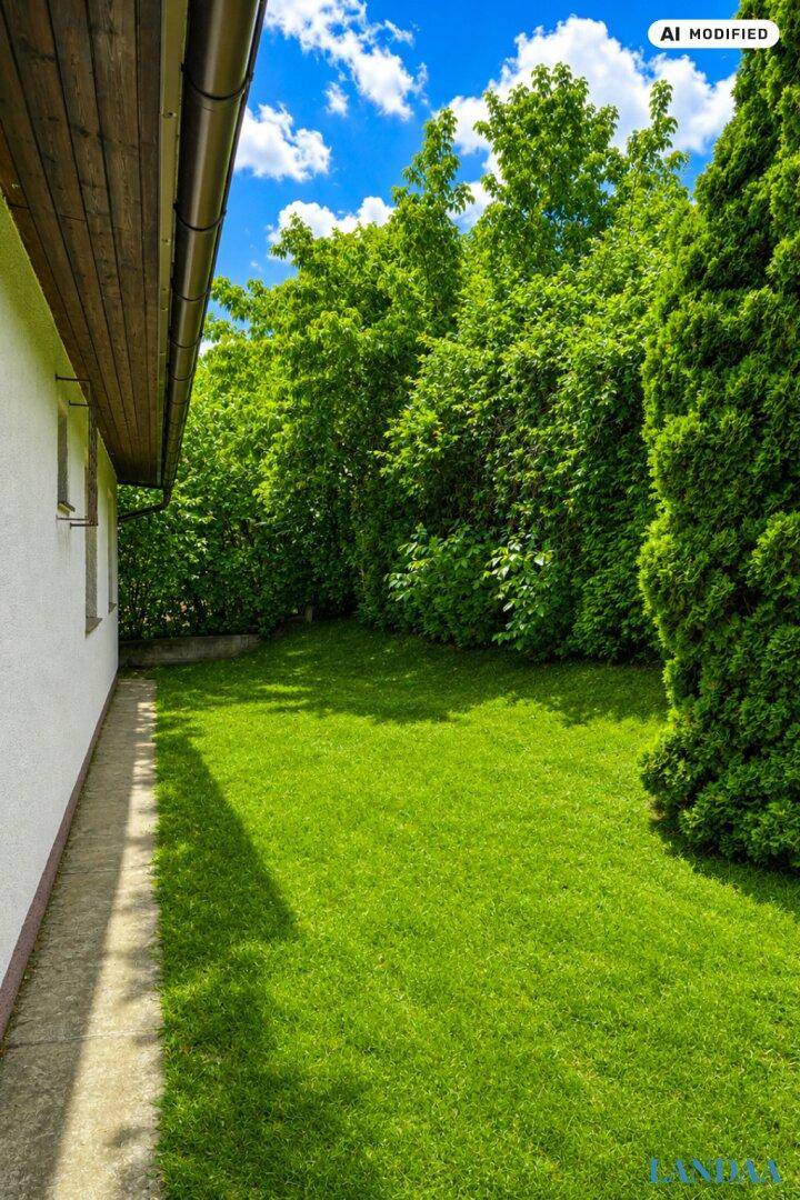 Schmaler Rasenstreifen entlang der Hauswand, umgeben von dichtem Grün und Bäumen.