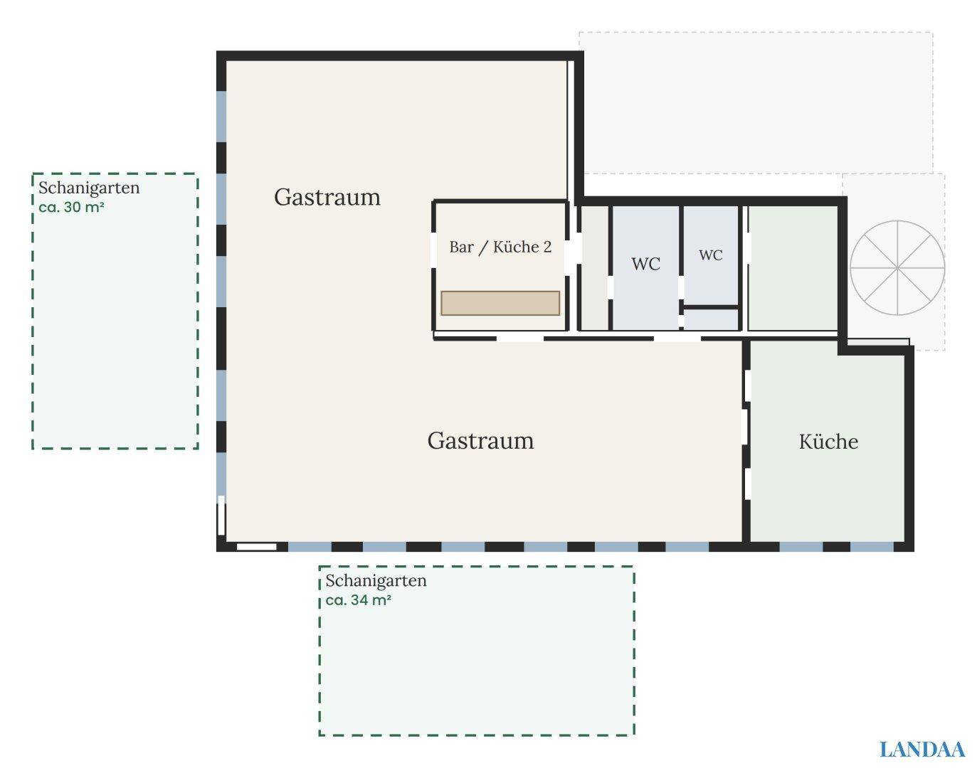 Grundriss des Restaurants mit Gasträumen, Küche und zwei Schanigärten von 30 m² und 34 m².