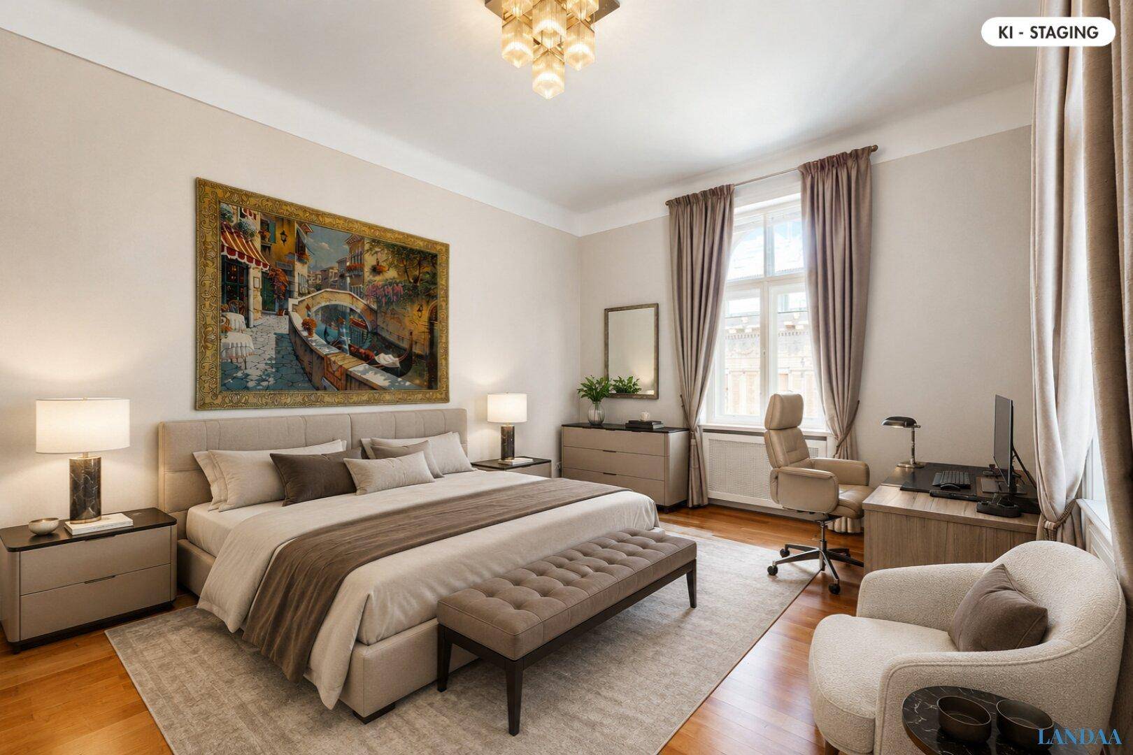 Helles Schlafzimmer mit großem Bett, Schreibtischbereich und Parkettboden.
