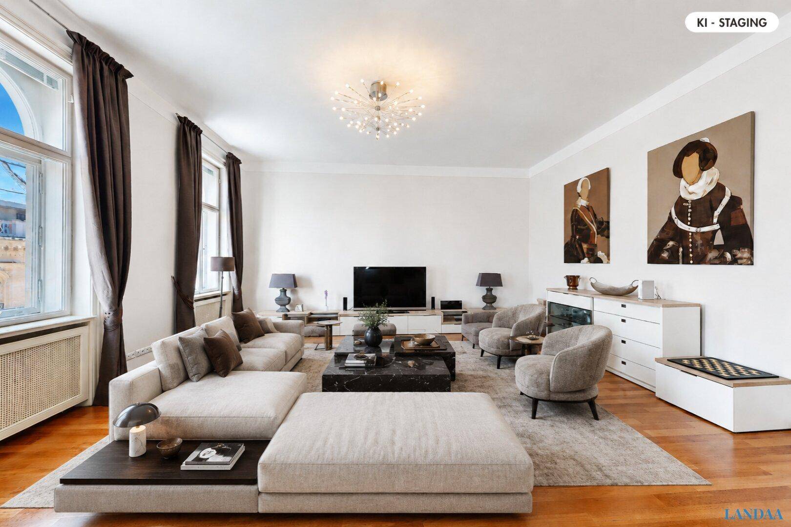 Geräumiges Wohnzimmer mit bequemer Sofalandschaft, Parkettboden und moderner Dekoration.