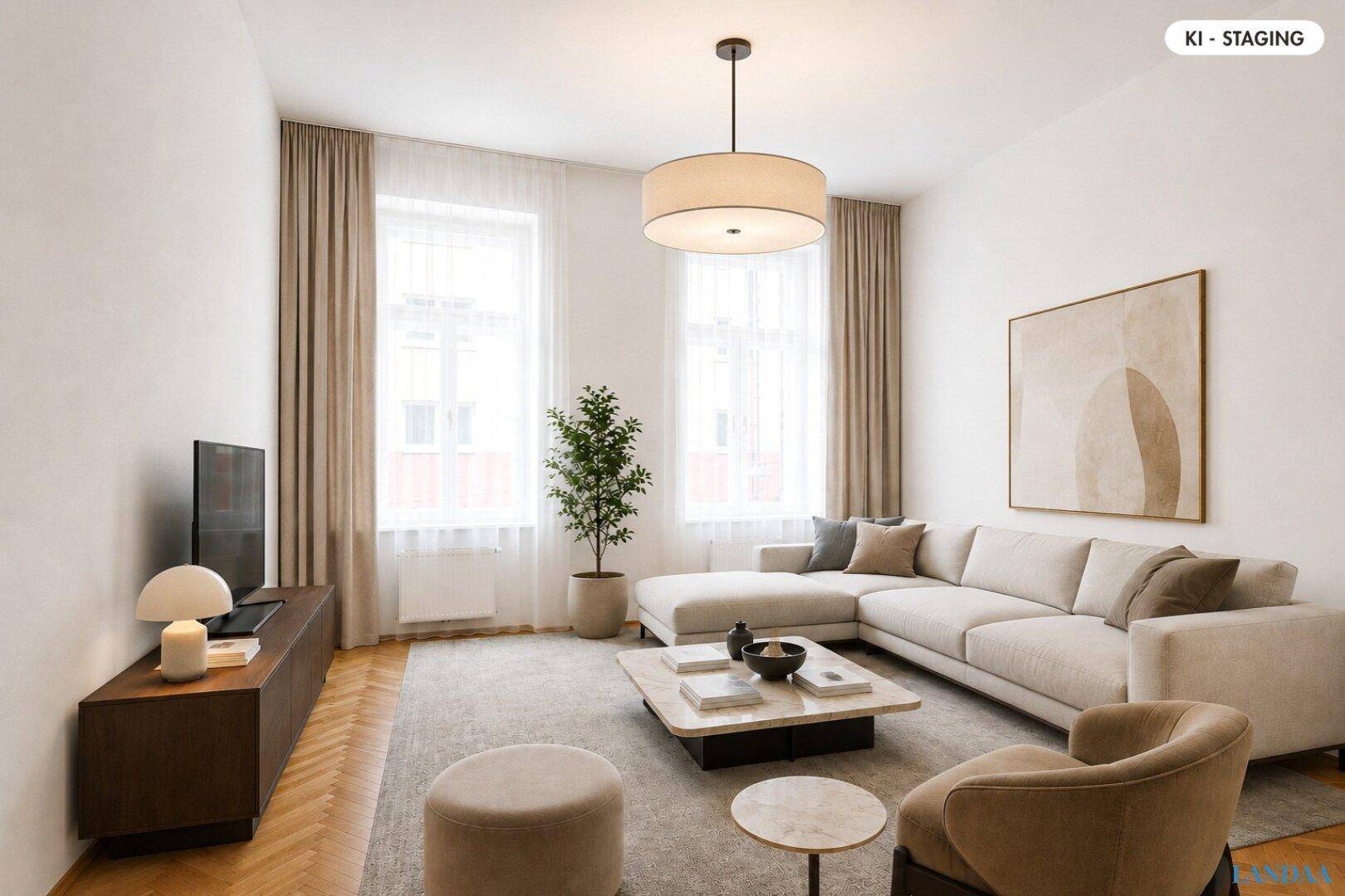 Geräumiges Wohnzimmer mit beigem Ecksofa, Parkettboden und großen Fenstern für viel Tageslicht.