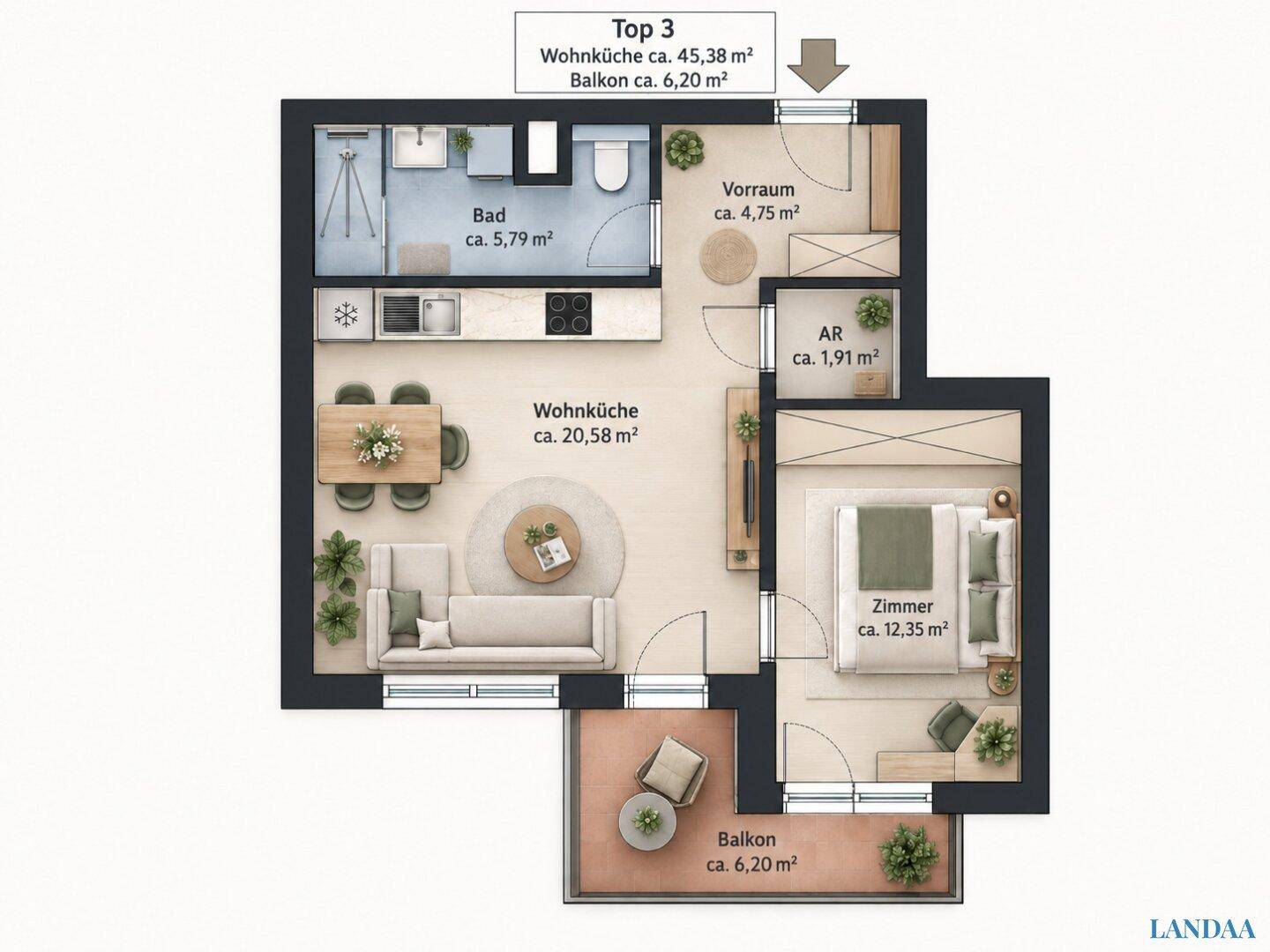 Grundriss der Wohnung Top 3 mit Wohnküche, Schlafzimmer, Bad und Balkon.