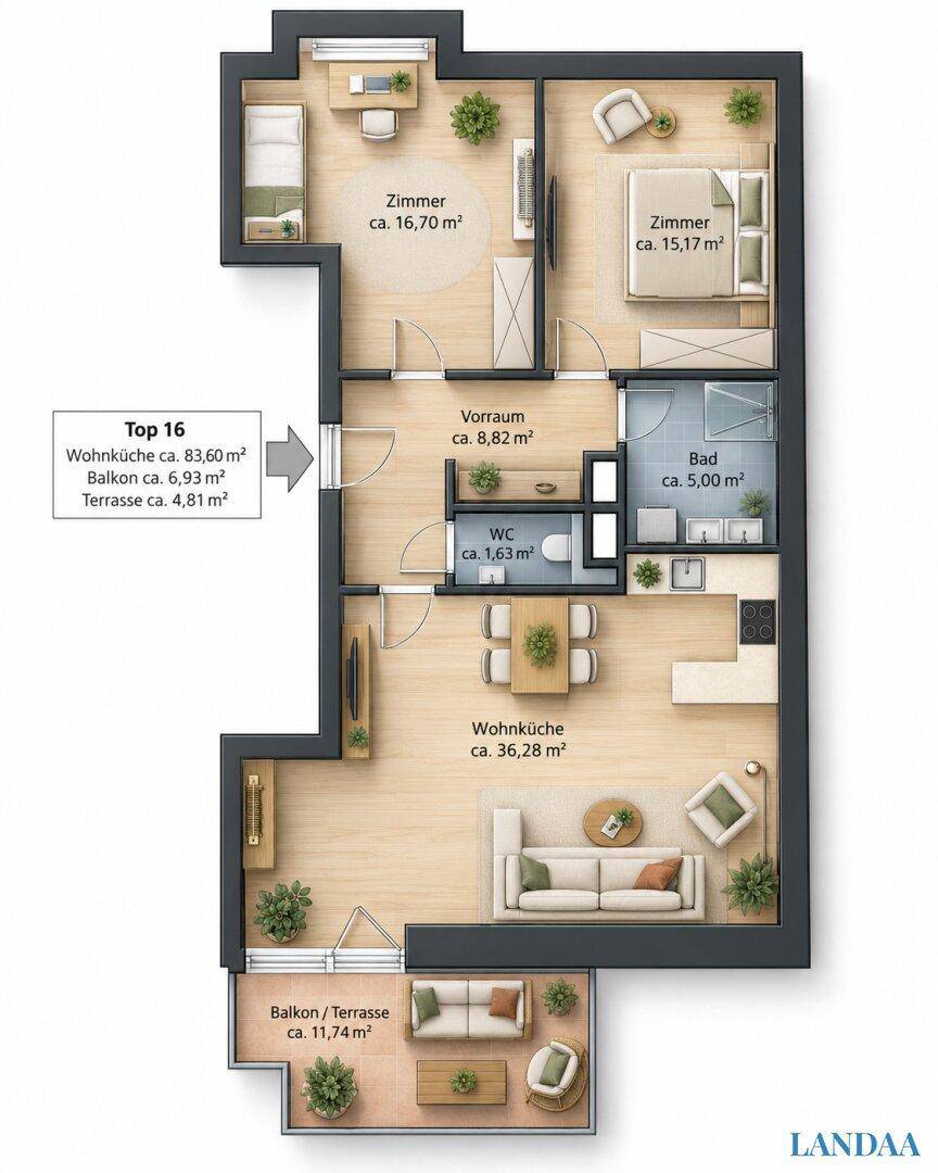 Detaillierter Grundriss einer Wohnung mit zwei Schlafzimmern, Wohnküche und Balkon/Terrasse.