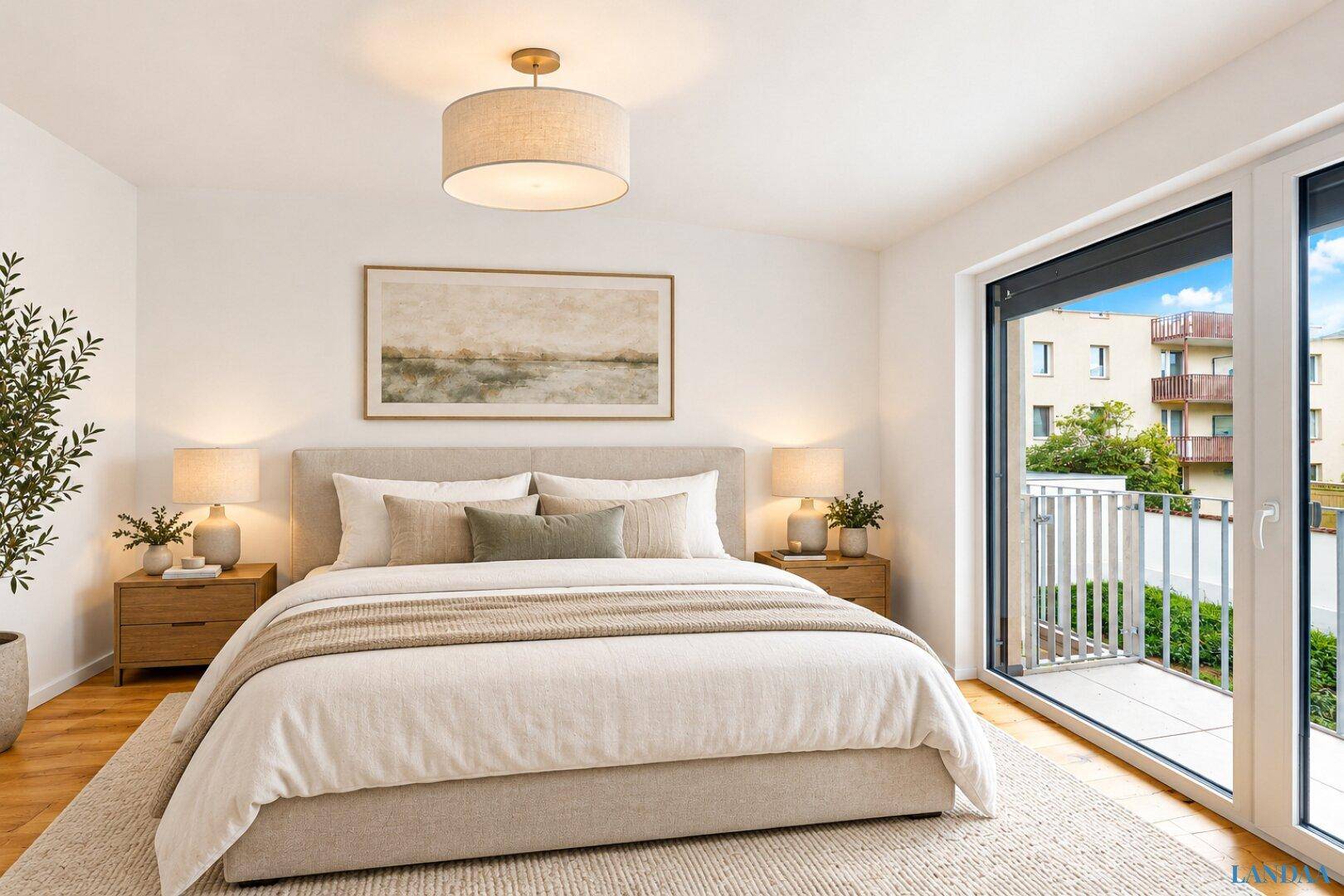 Modernes Schlafzimmer mit Doppelbett, Nachttischen und Zugang zu einem kleinen Balkon.