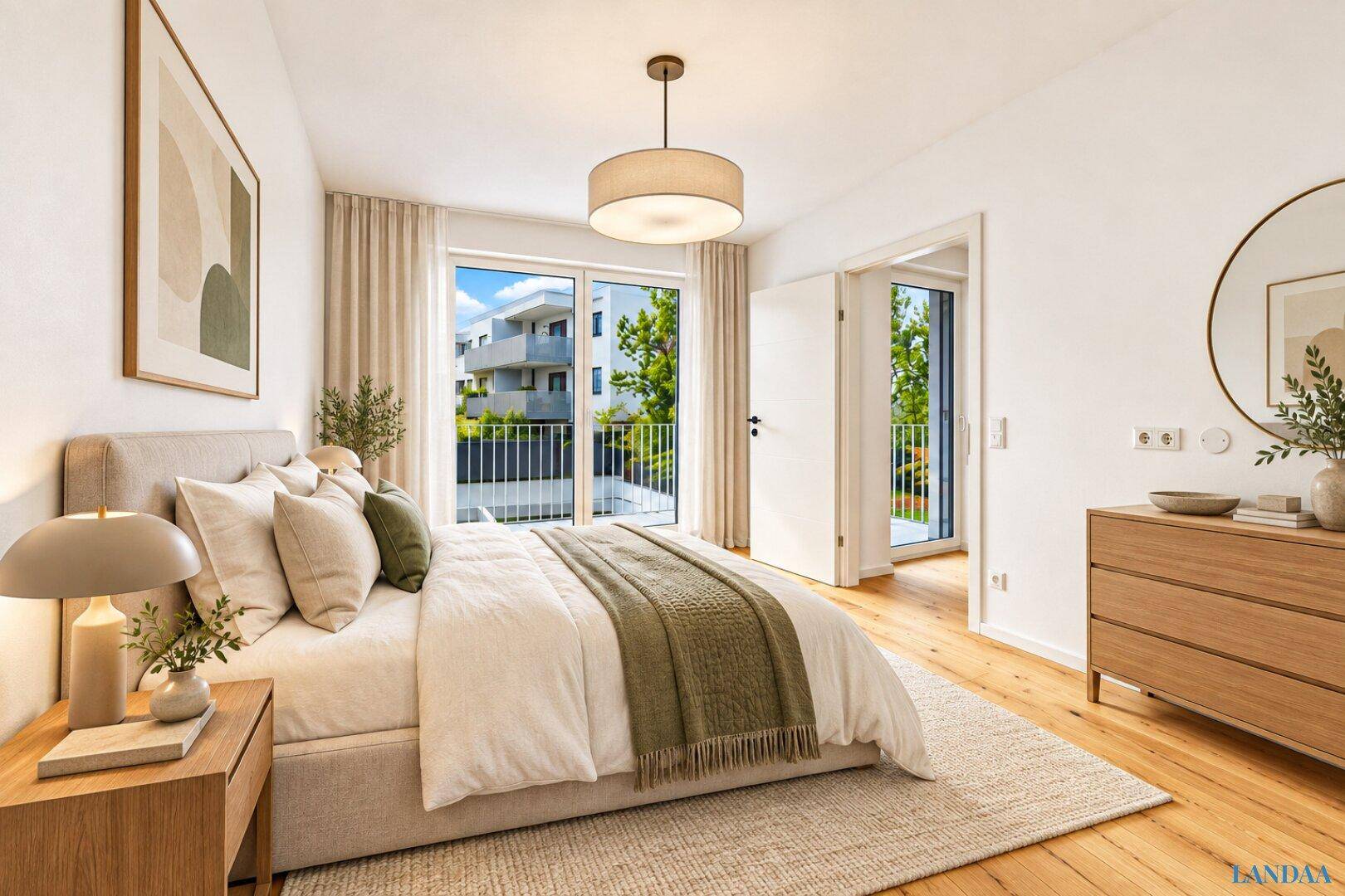 Gemütliches Schlafzimmer mit Doppelbett, Holzboden und direktem Zugang zum Balkon.