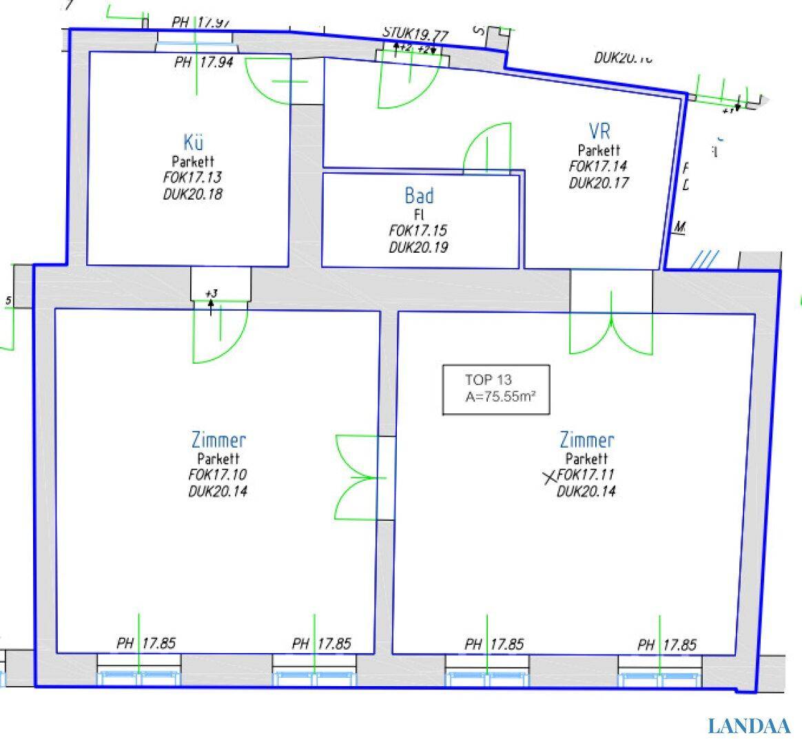 Grundriss der Wohnung mit Küche, Bad, Vorraum und zwei Zimmern auf 75.55m².
