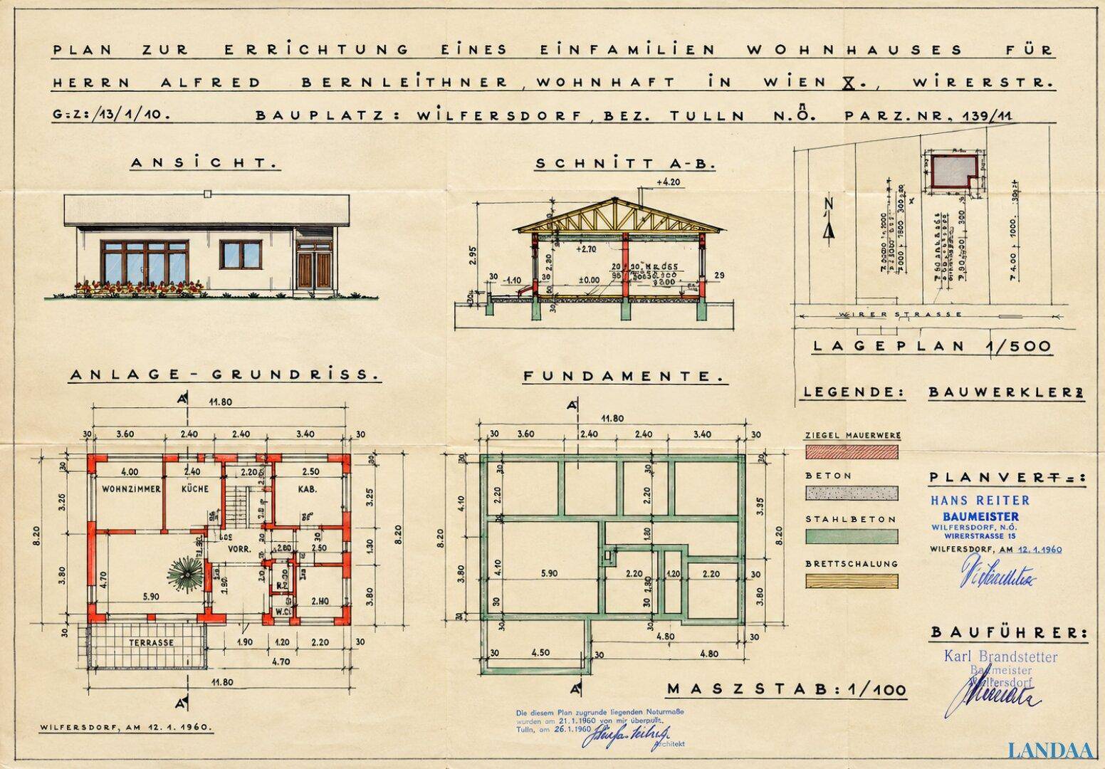 Detaillierter Grundrissplan eines Einfamilienhauses mit Ansicht, Schnitt und Lageplan, inklusive Terrasse und Raumaufteilung.