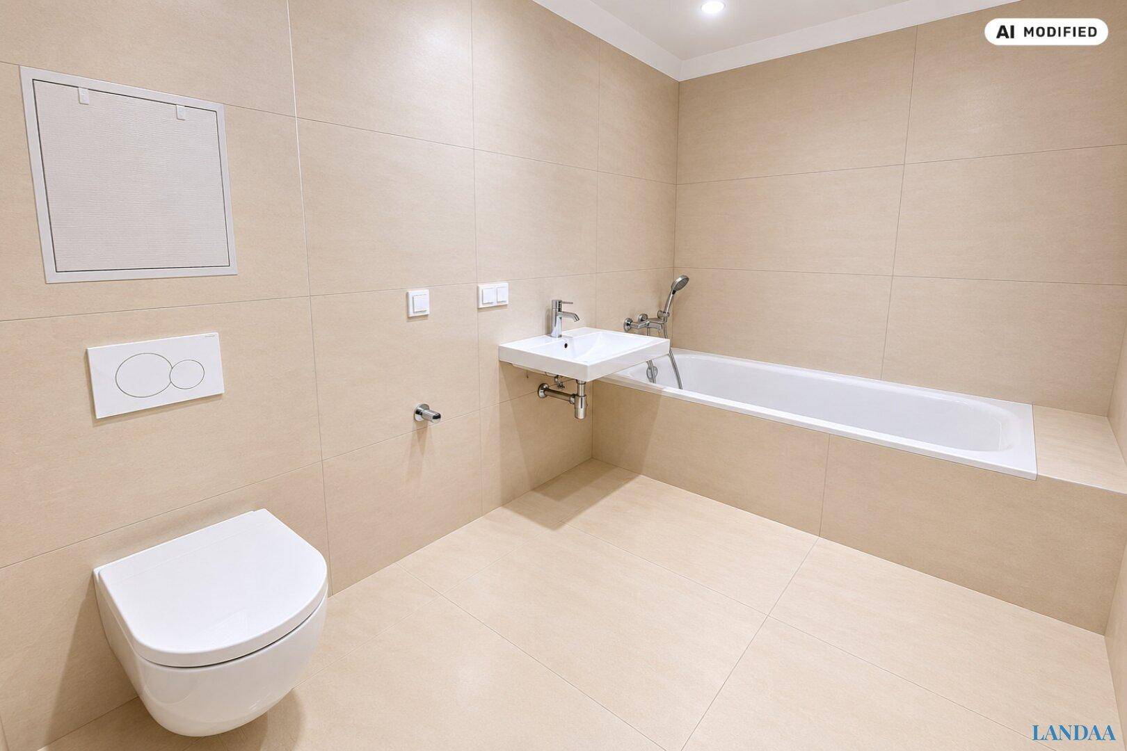 Modernes Badezimmer mit hellen Fliesen, Badewanne und wandhängendem WC in neuwertigem Zustand.