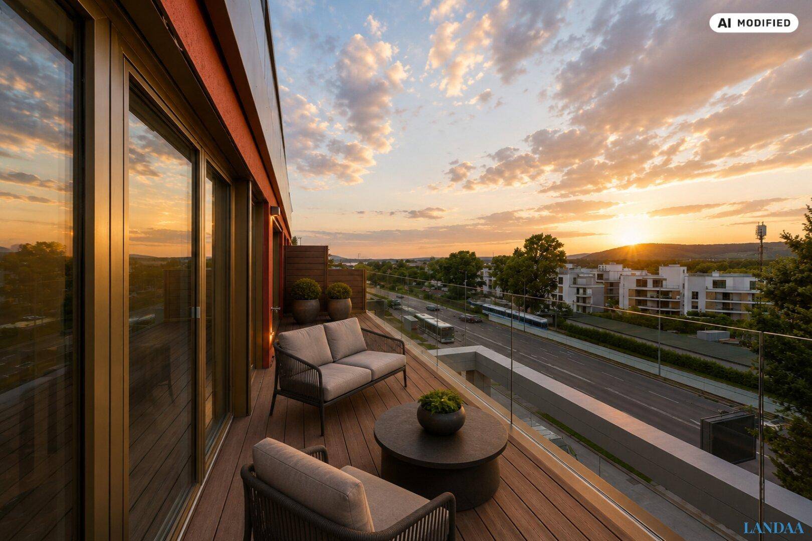 Möblierte Terrasse mit Holzboden und Glasgeländer, ideal für entspannte Abende mit Weitblick.