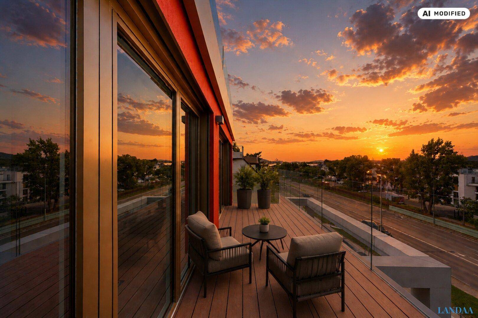 Geräumige Terrasse mit bequemen Outdoor-Möbeln und einem atemberaubenden Sonnenuntergang über der Landschaft.
