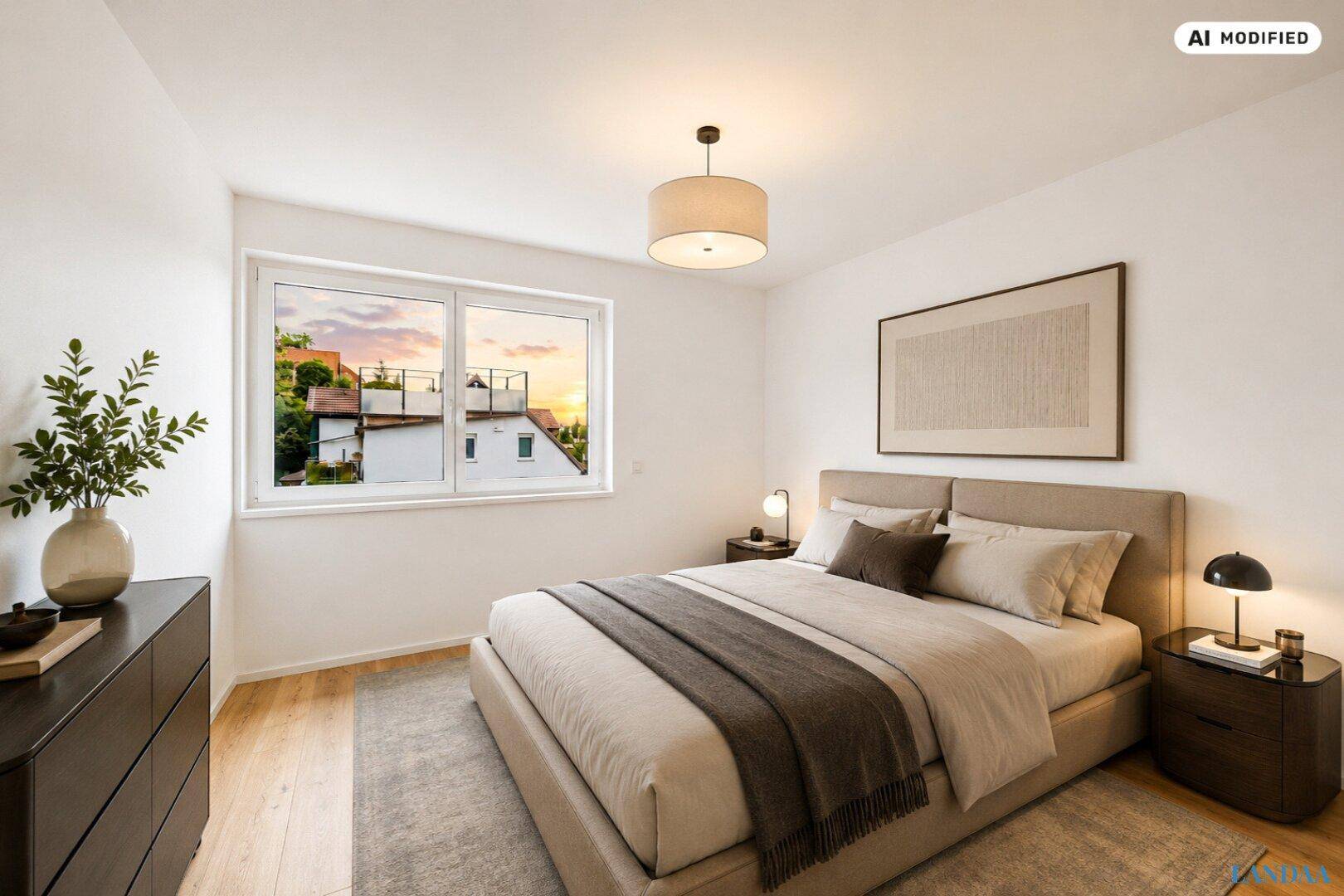 Gemütliches Schlafzimmer mit Doppelbett, Nachttischen und einem Fenster, das einen ruhigen Blick auf die Nachbarschaft bietet.