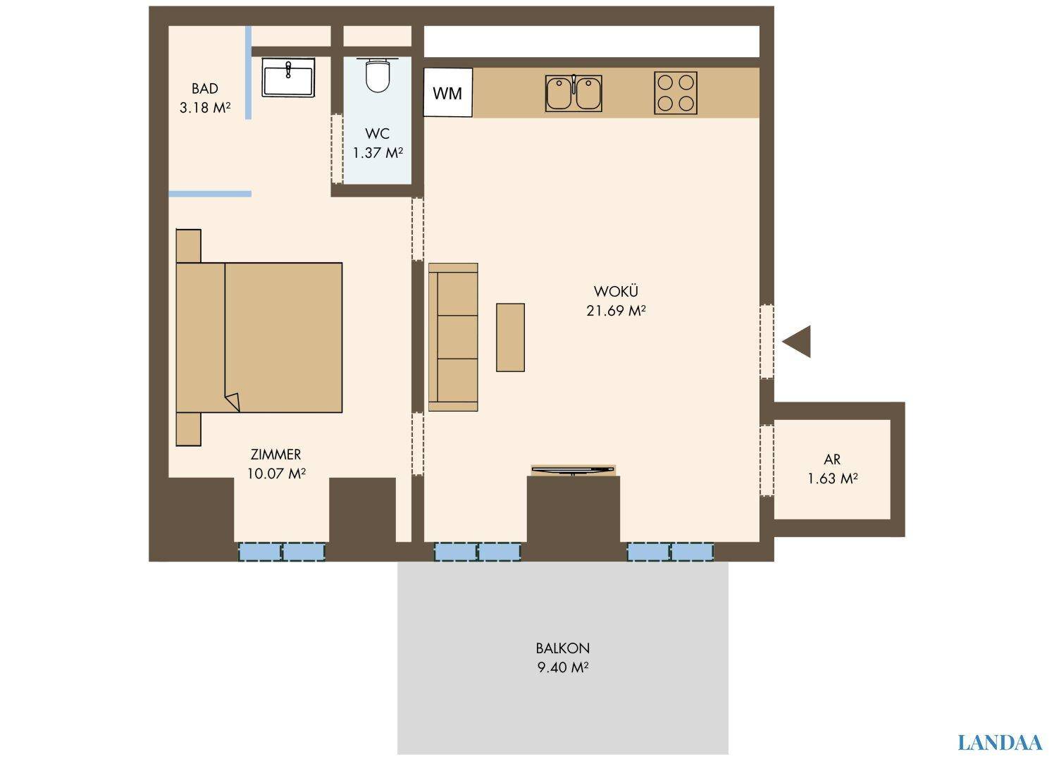 Grundriss einer Wohnung mit Wohnküche, Schlafzimmer, Bad und Balkon.