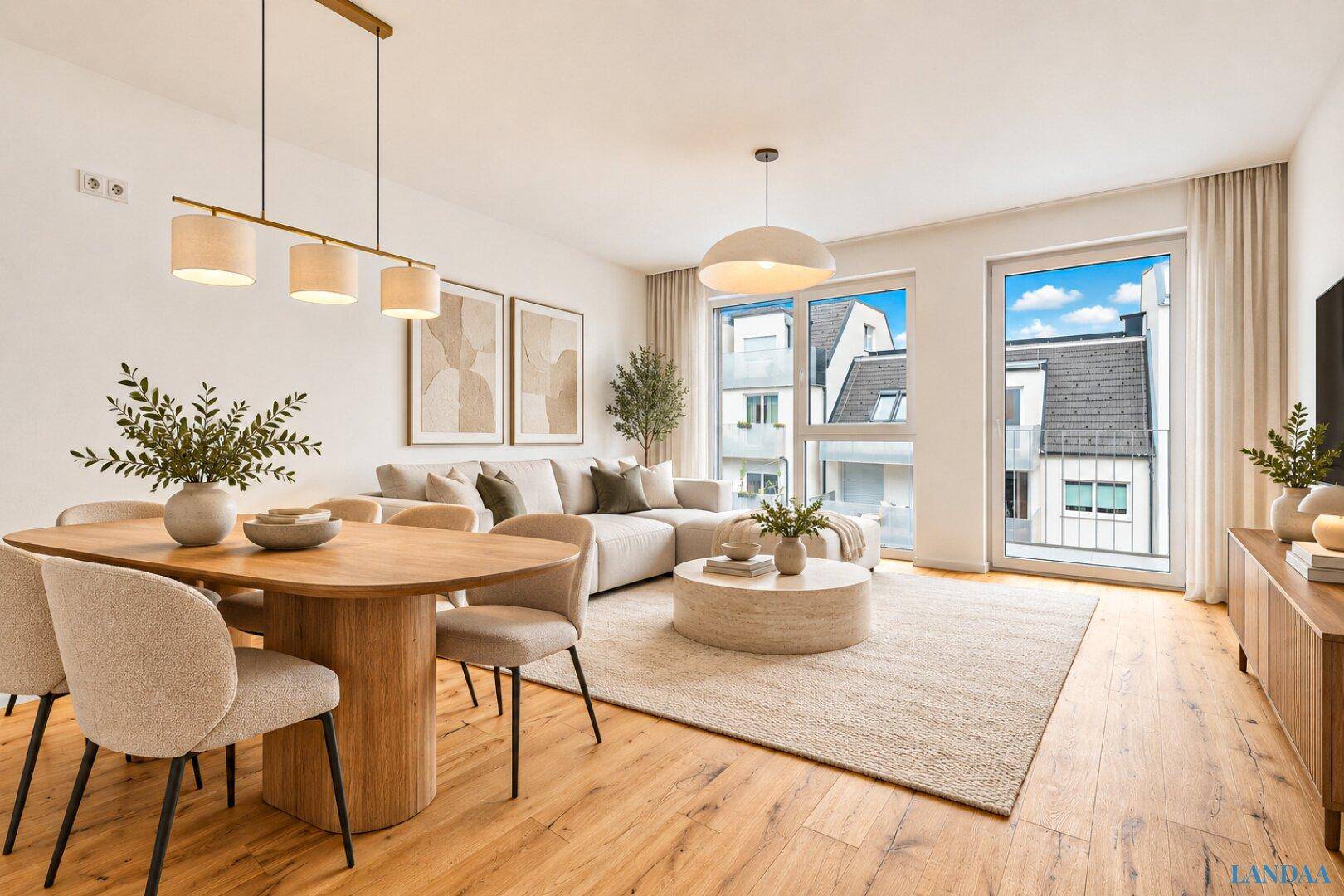 Moderner Wohn-Essbereich mit beigem Sofa, Holztisch und Blick auf die Umgebung.