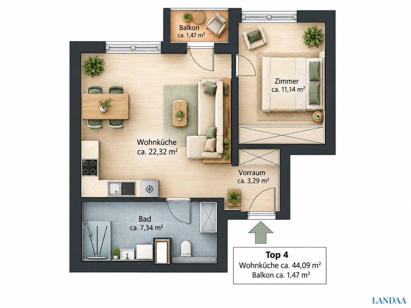 Grundriss der Wohnung Top 4 mit Wohnküche, Schlafzimmer und Balkon.