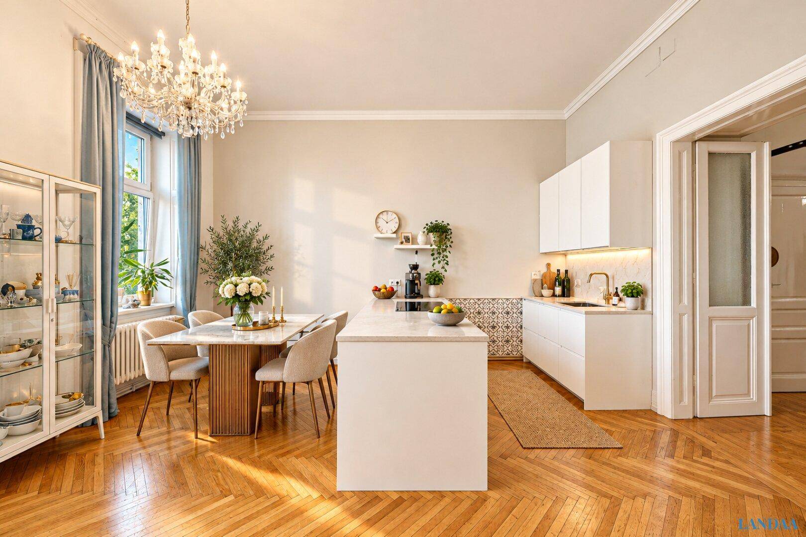 Eleganter Essbereich mit modernem Esstisch, Kücheninsel und einem glitzernden Kronleuchter über dem Parkettboden.