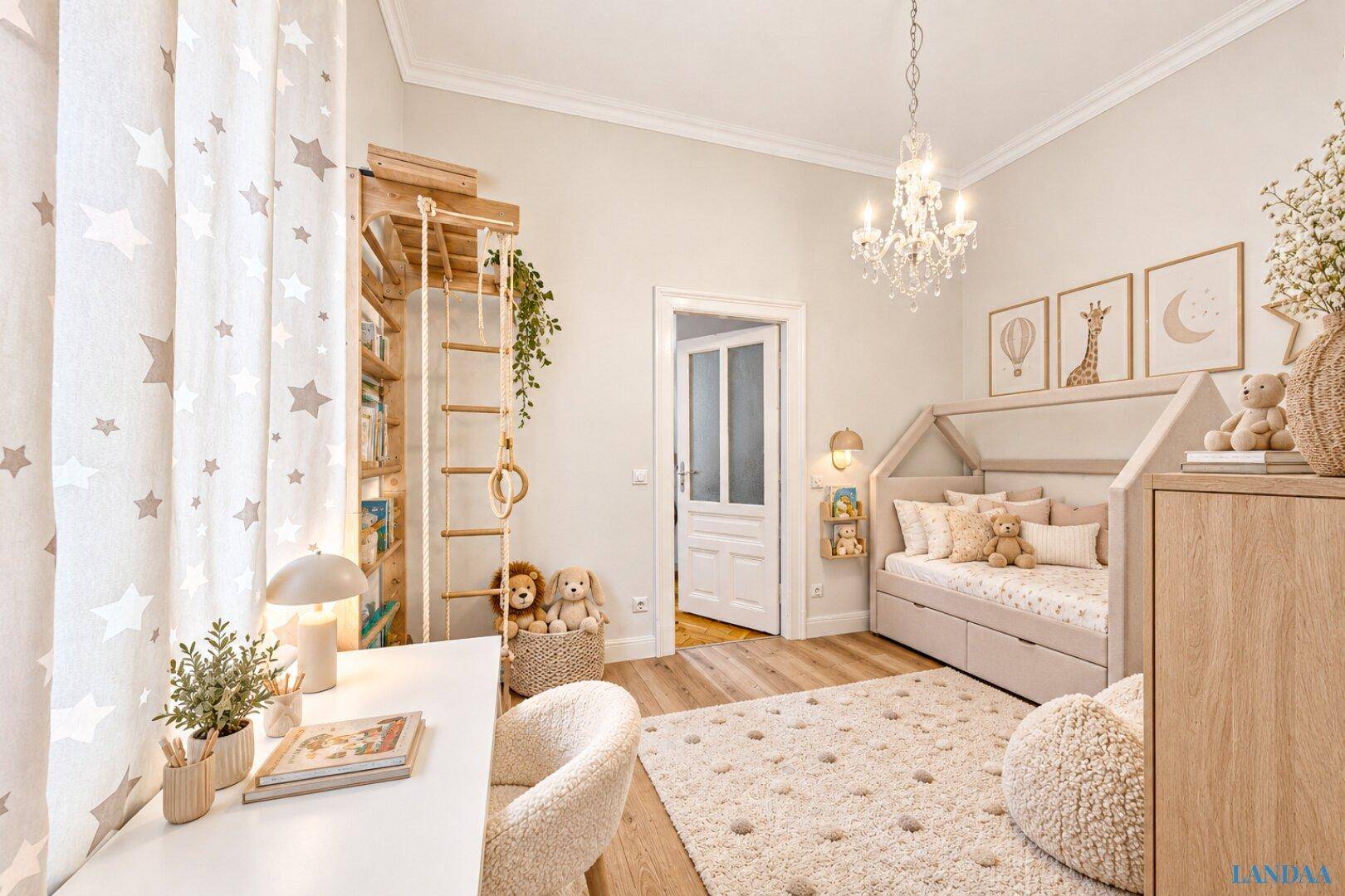 Freundliches Kinderzimmer mit Hausbett, Schreibtisch und einer Kletterwand, ideal zum Spielen und Lernen.