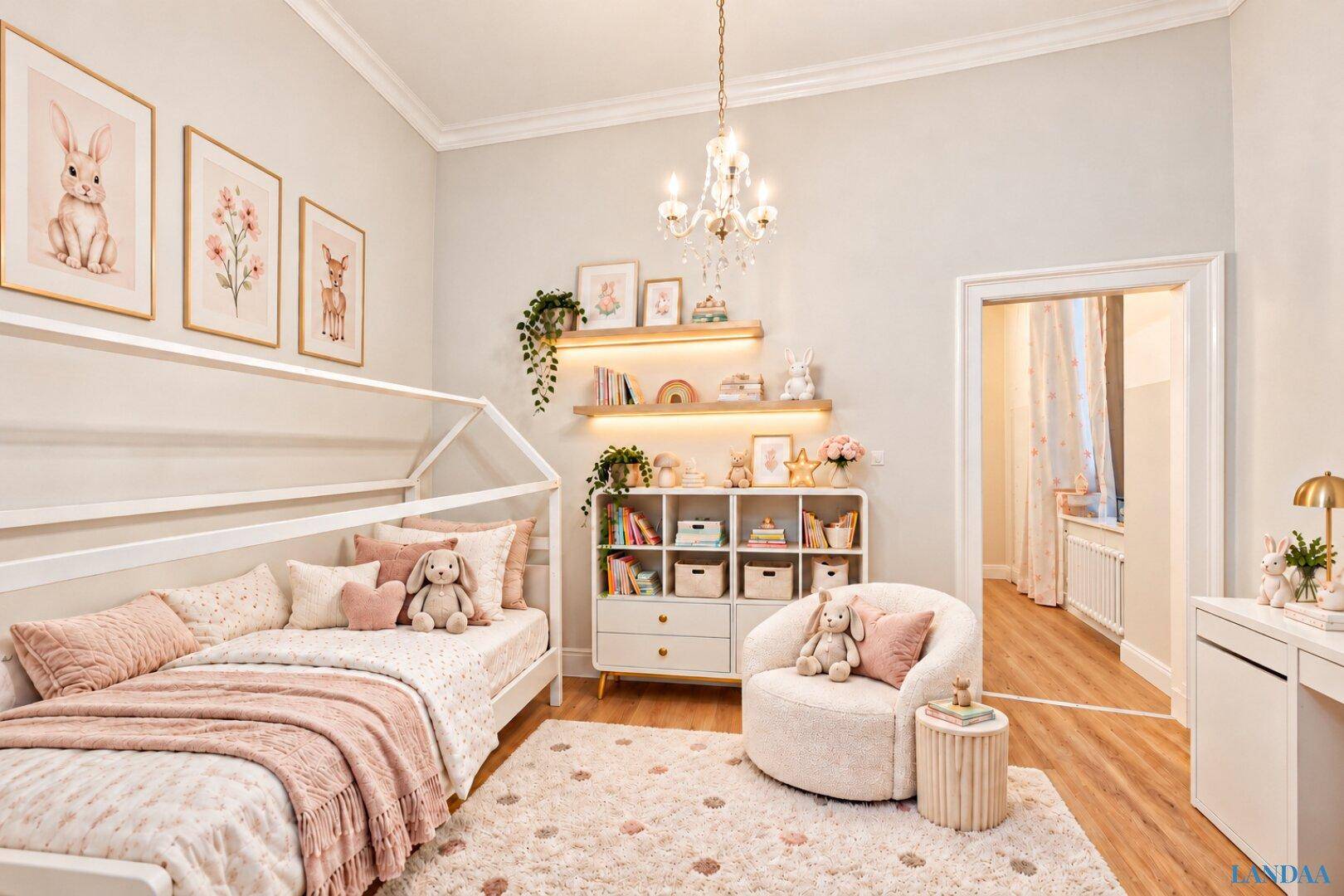 Charmantes Kinderzimmer mit einem Hausbett, verspielter Dekoration und einem Kronleuchter.