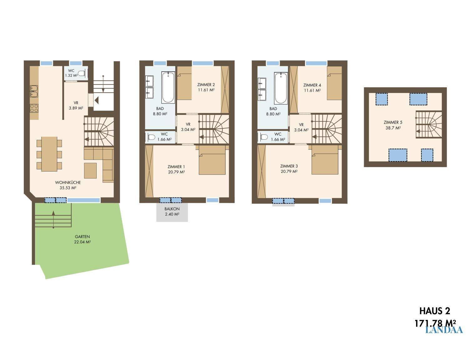 Grundriss eines mehrstöckigen Hauses mit offener Wohnküche, Garten, Balkon und mehreren Schlafzimmern.