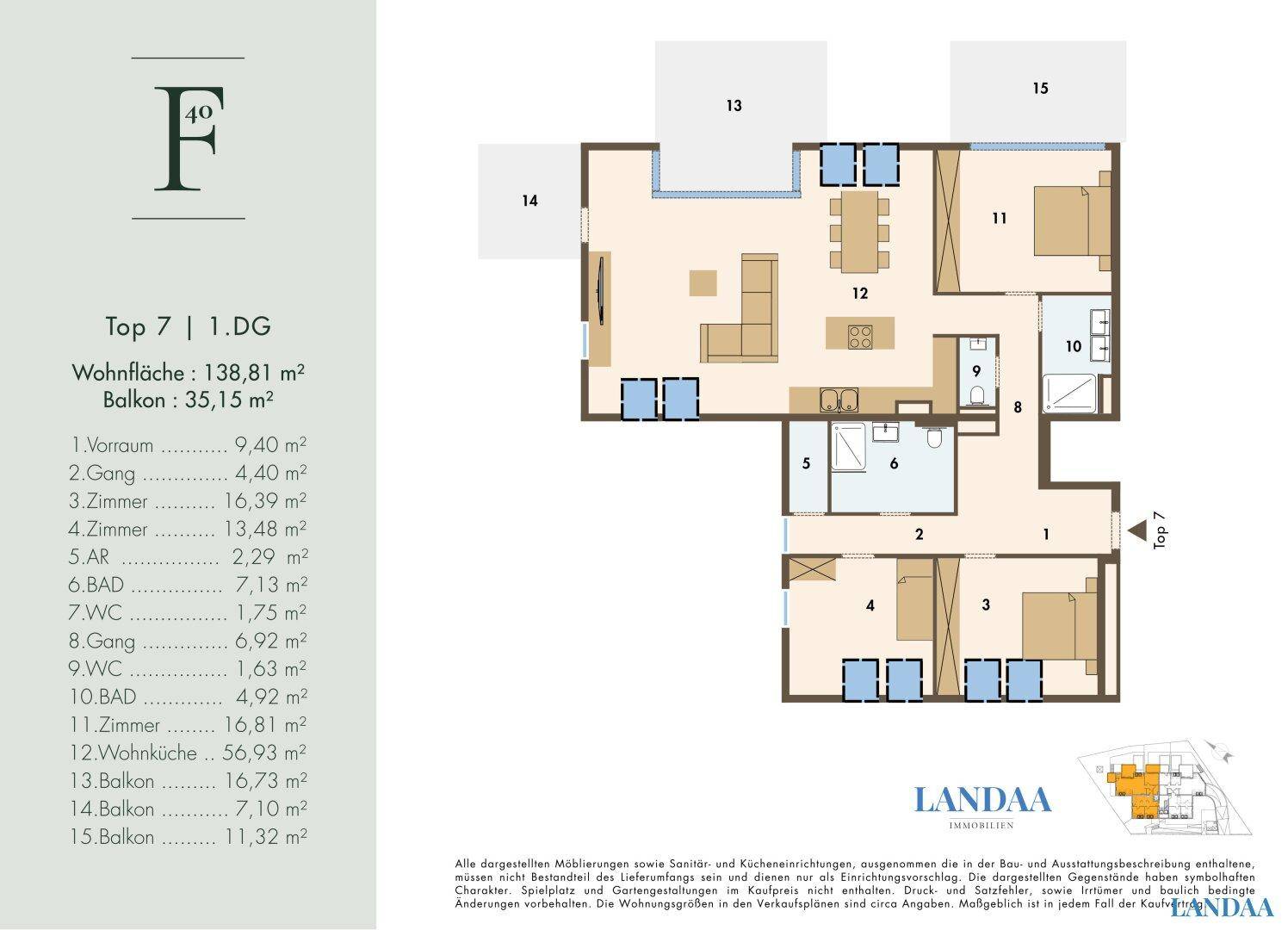 Grundriss der Wohnung Top 7 im ersten Dachgeschoss mit 138,81 m² Wohnfläche, offener Wohnküche und mehreren Balkonen.