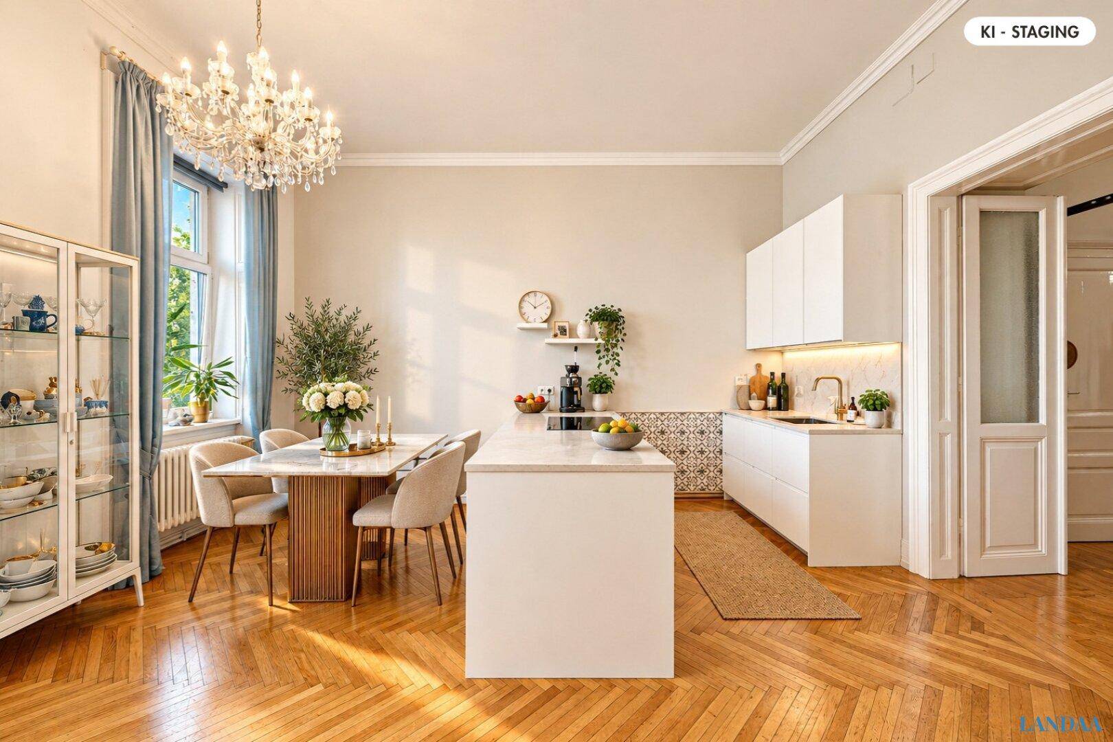 Moderne Küche mit Kochinsel, Essbereich und Fischgrätparkett in hellem Ambiente.