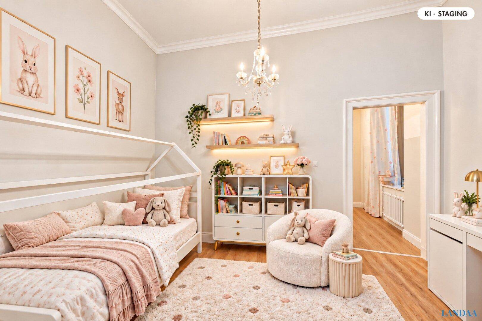 Freundliches Kinderzimmer mit Hausbett, Spielbereich und rosa Dekoration.
